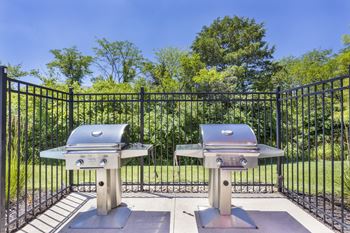 Two grills are surrounded by a black fence.